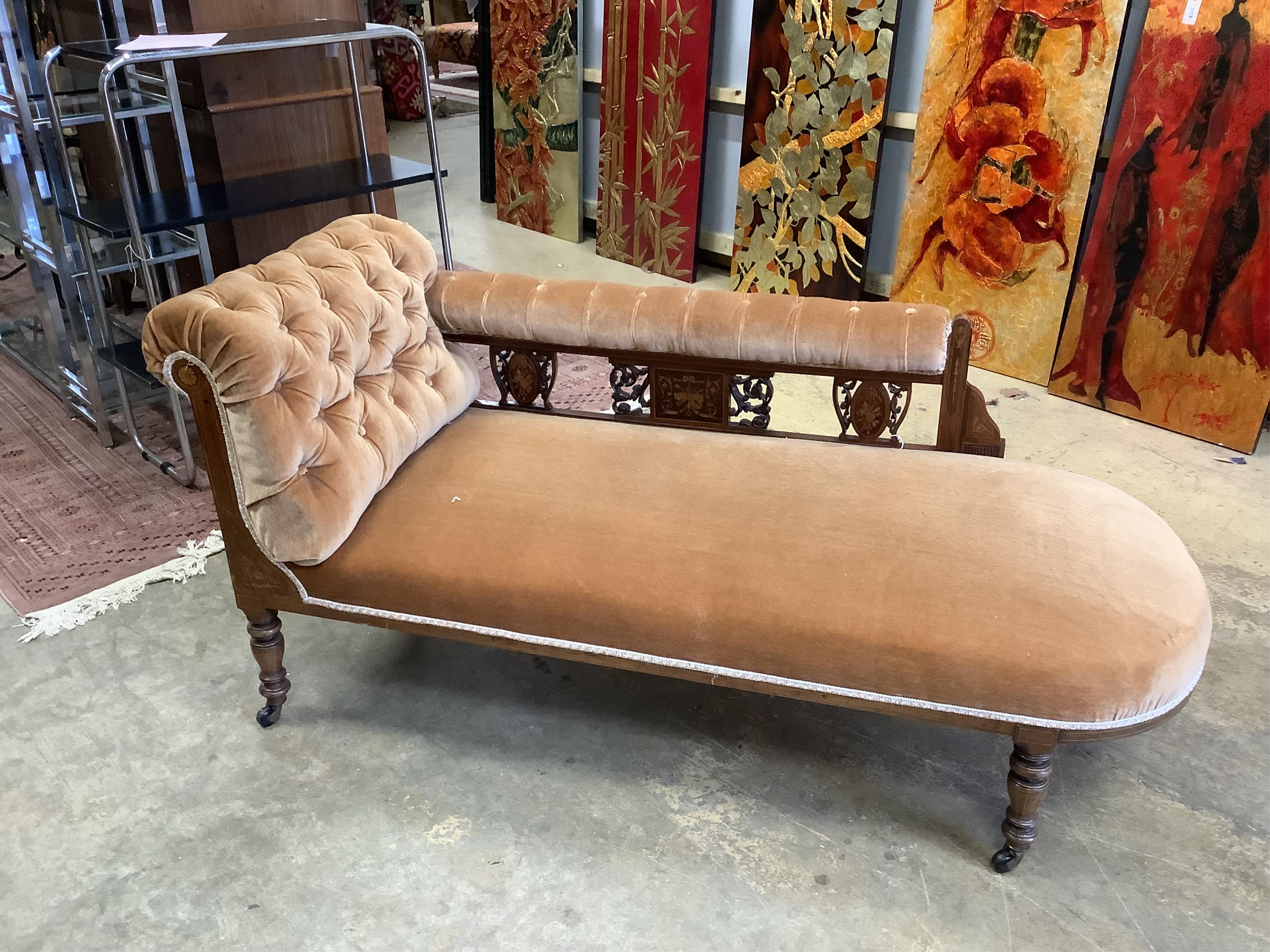 A late Victorian inlaid rosewood chaise longue, width 170cm, depth 64cm, height 82cm. Condition - fair